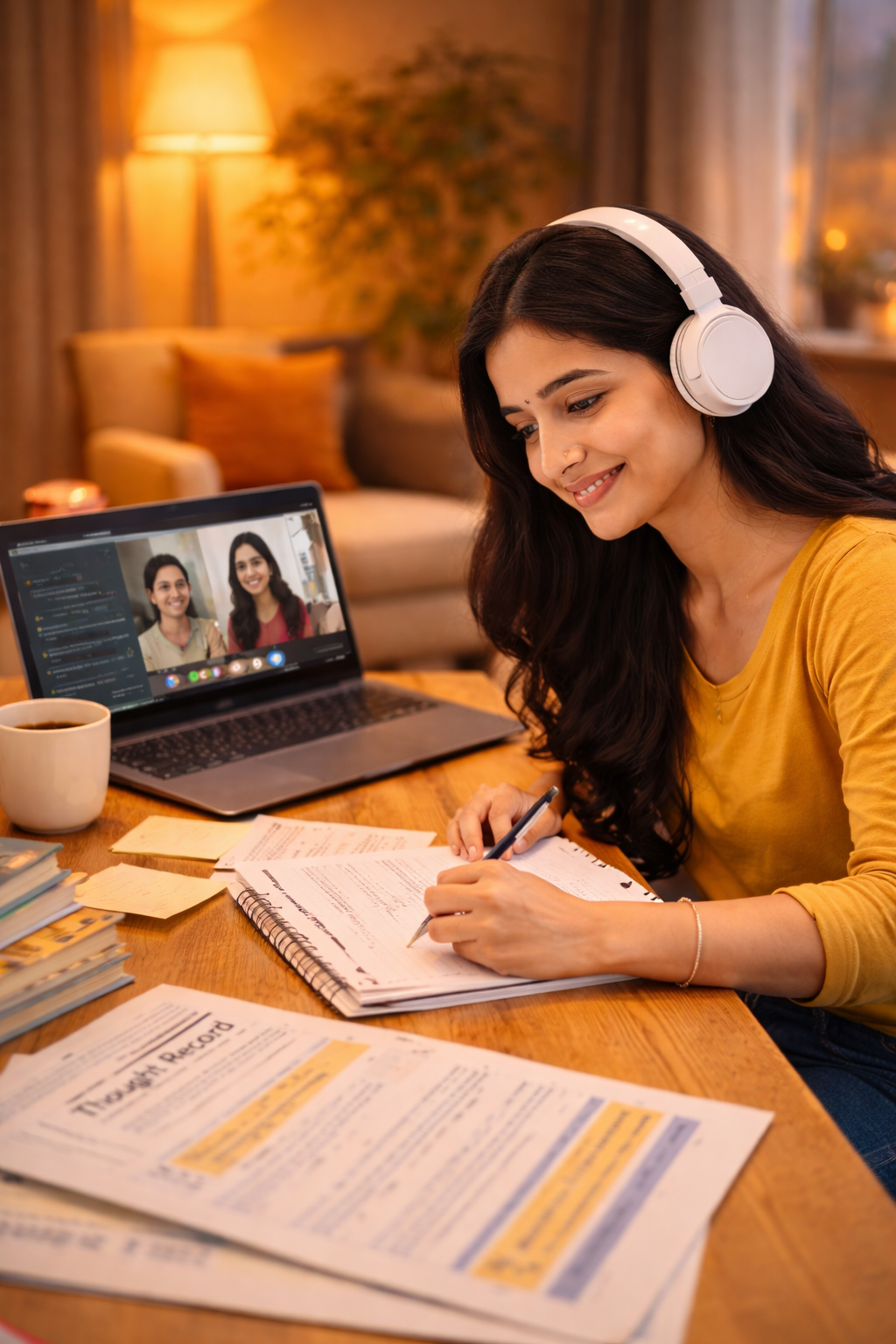 Woman attending an online therapy session for anxiety from home